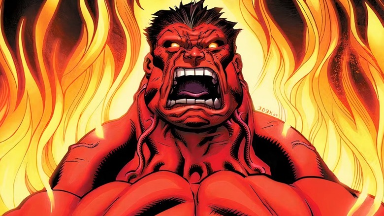 The Red Hulk yelling in close-up surrounded by fire