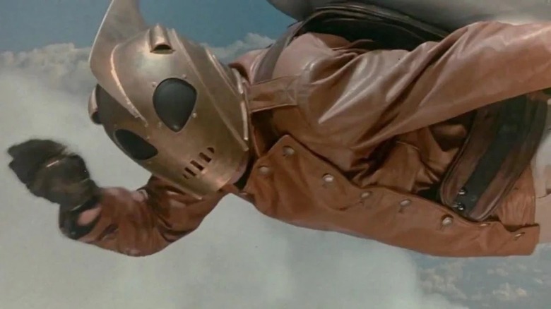 The Rocketeer salutes mid-flight