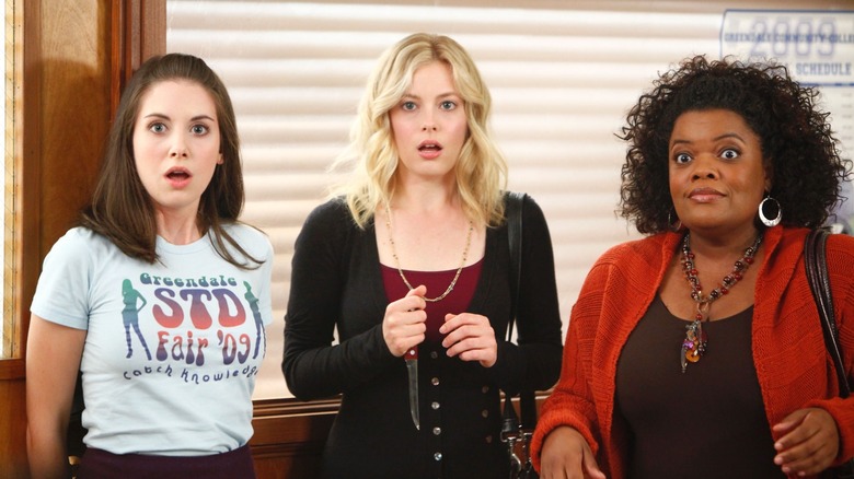 Annie, Britta and Shirley surprised in Community