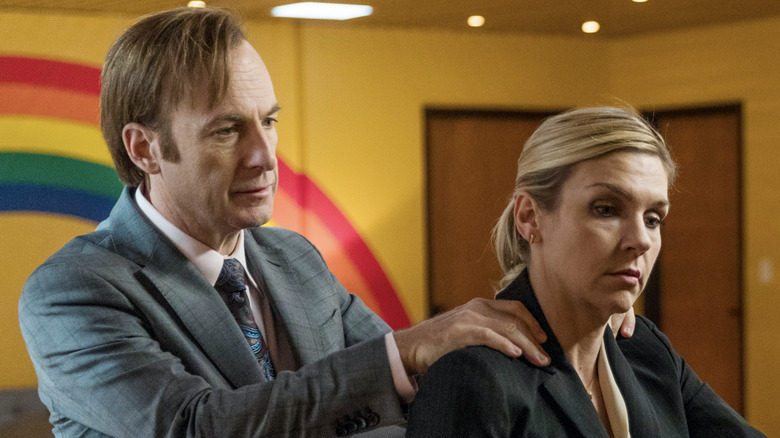 Bob Odenkirk as Jimmy McGill and Rhea Seehorn as Kim Wexler on Better Call Saul