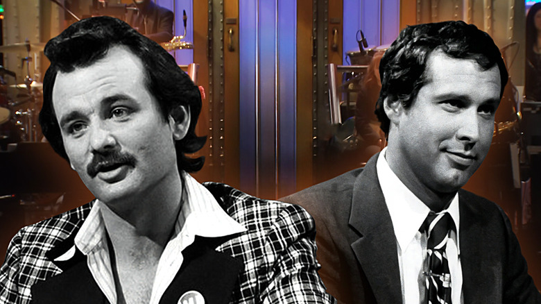 Bill Murray and Chevy Chase superimposed onto a photo of the SNL mainstage