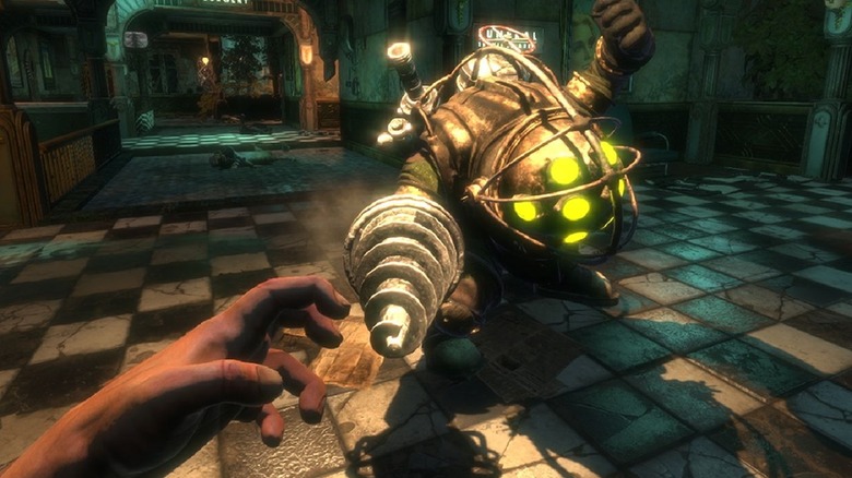 A player fighting a big daddy enemy in Bioshock