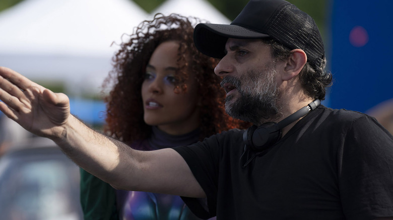 Quintessa Swindell and Jaume Collet-Serra on the set of Black Adam