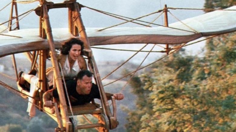 Hudson Hawk and Anna, hang-gliding on one of Leonardo da Vinci's hang gliders