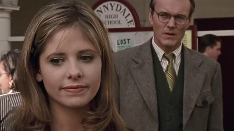 Buffy and Giles outside of the school in Buffy the Vampire Slayer