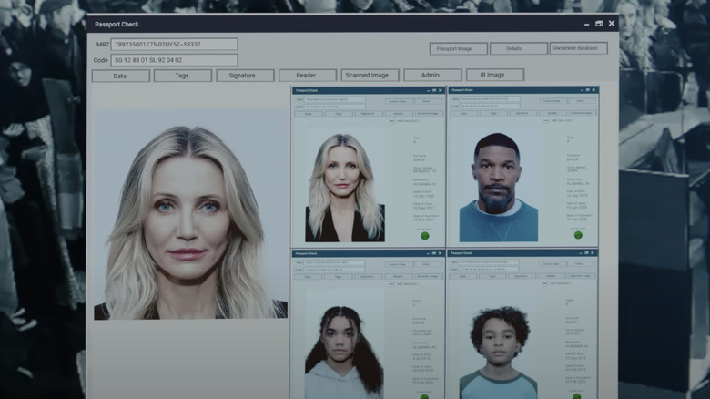 ID profiles for Jamie Foxx's Matt and Cameron Diaz's Emily appear on-screen as part of a passport search in Back in Action