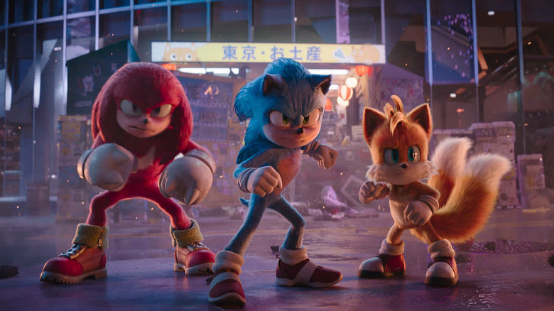 Knuckles, Sonic, and Tails getting ready to fight Shadow in Sonic the Hedgehog 3