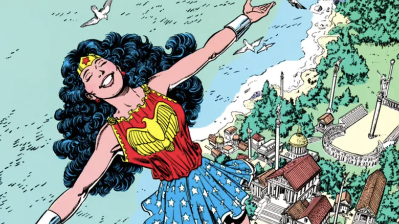 Wonder Woman comic Diana flying over Themyscira