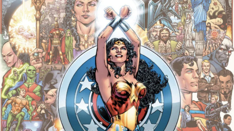 Wonder Woman by Phil Jimenez, Diana standing with arms crossed over her head against collage background of Hippolyta, Ares, Superman, Batman, and others