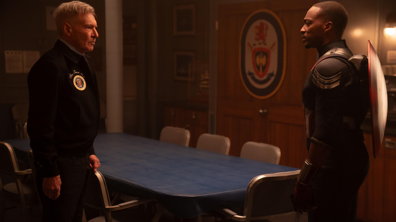 Harrison Ford as President Thaddeus Ross and Anthony Mackie as Sam Wilson face off in a tense moment in Captain America: Brave New World