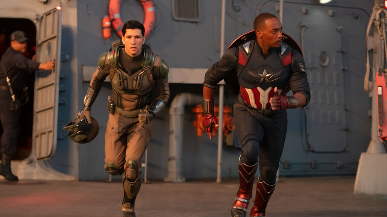 Danny Ramirez's Joaquin Torres and Anthony Mackie's Sam Wilson in superhero costumes in Captain America: Brave New World