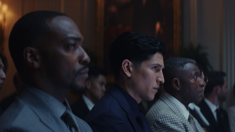 Danny Ramirez's Joaquin Torres, Anthony Mackie's Sam Wilson, and Carl Lumbly's Isaiah Bradley sitting in Captain America: Brave New World