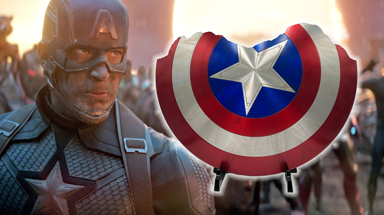 Captain America in Avengers: Endgame with a prop replica of his broken shield superimposed on the image