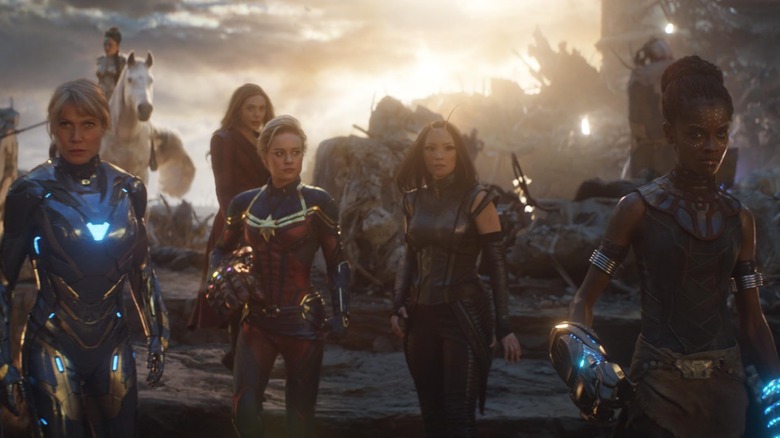 Gwyneth Paltrow, Brie Larson, Elizabeth Olsen, Pom Klementieff e Letitia Wright em Vingadores: Ultimato 