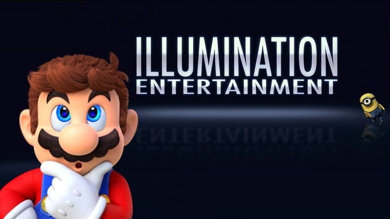 Mario and a Minion in front of the Illumination logo