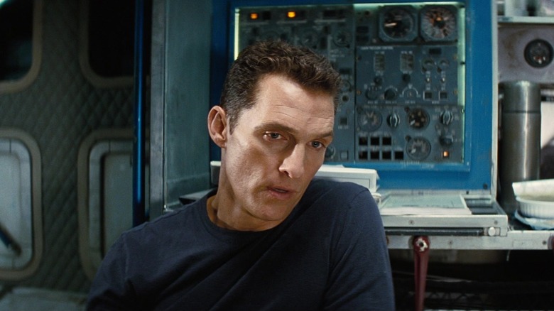 Matthew McConaughey's Joseph Cooper sits onboard a space shuttle in Interstellar