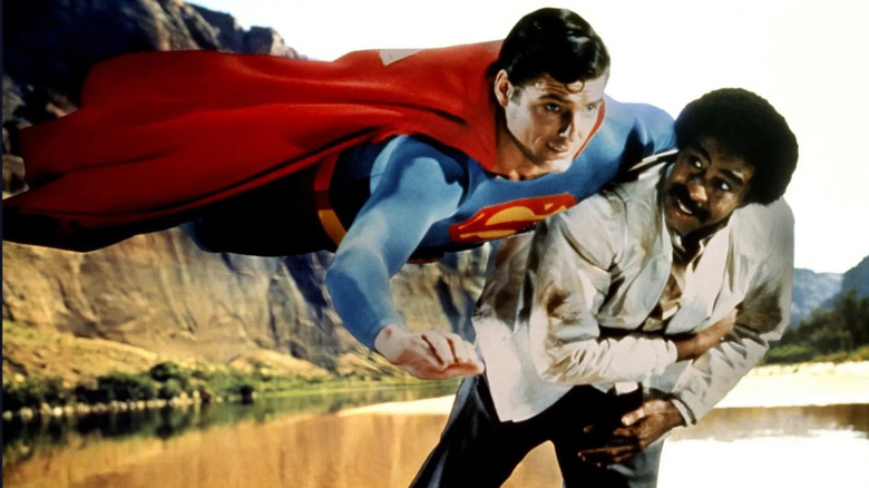 Superman and Gus Gorman flying in Superman III