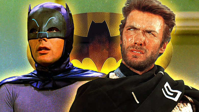 Adam West as Batman and Clint Eastwood with the Bat symbol in the background