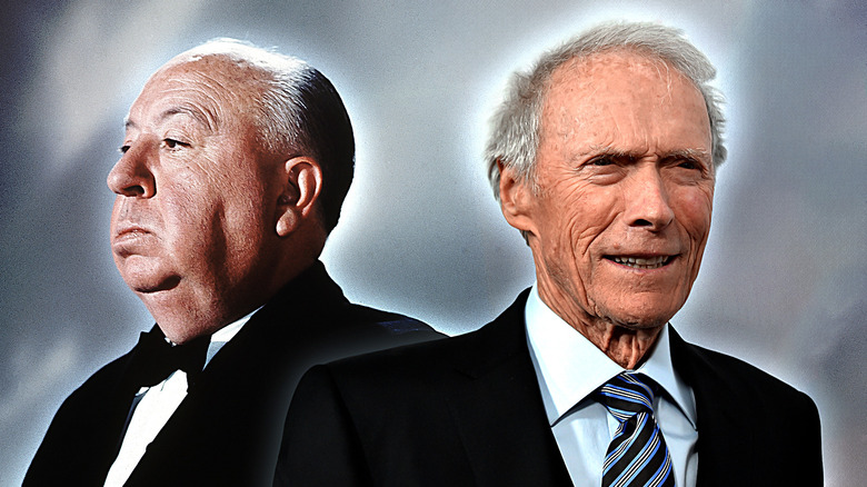 Alfred Hitchcock looking serious and Clint Eastwood smiling