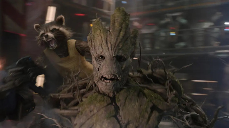 Rocket firing a gun on Groot's back in Guardians of the Galaxy