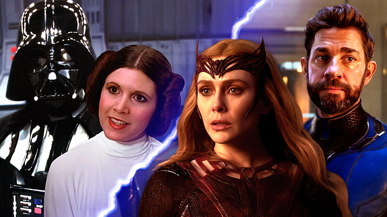 Darth Vader and Princess Leia (Carrie Fisher) and Scarlet Witch (Elizabeth Olsen) and Reed Richards (John Krasinski) in a composite image