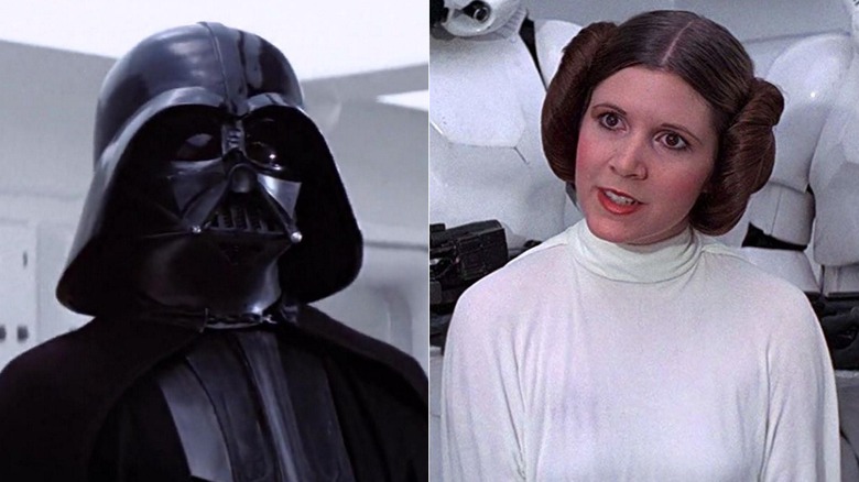 Darth Vader in A New Hope; Leia surrounded by Stormtroopers in A New Hope