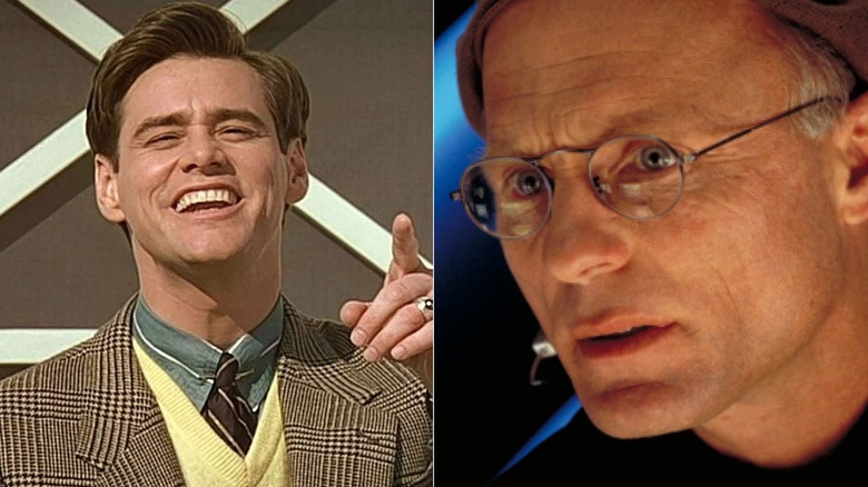 Jim Carrey smiling in The Truman Show; Ed Harris as Christof in The Truman Show