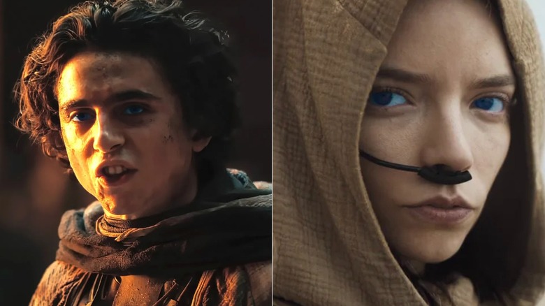 Timothee Chalamet as Paul talking angrily and Anya Taylor-Joy as Alia in Dune: Part Two