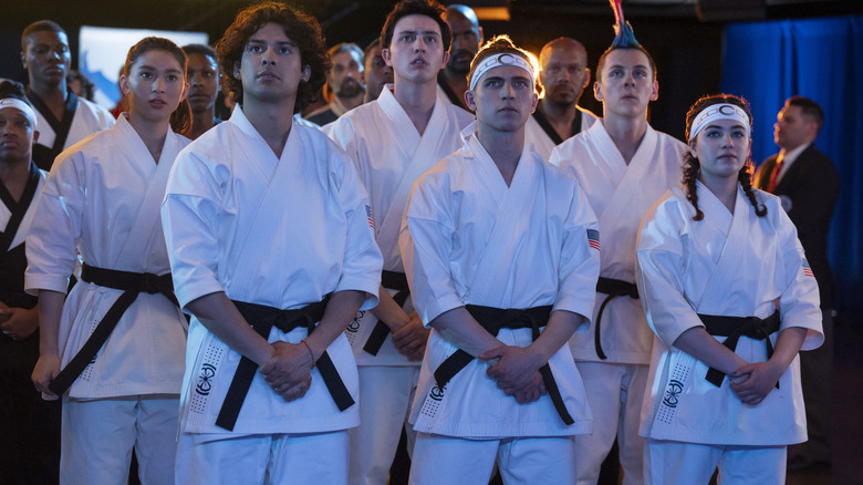 Several Miyagi-do students standing together on Cobra Kai