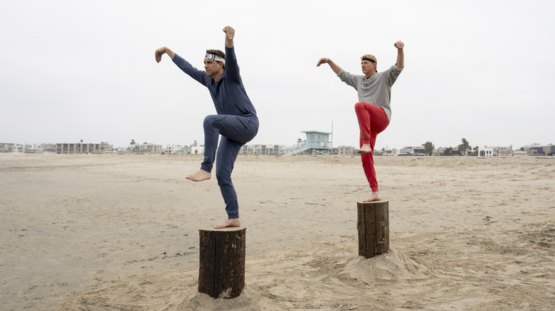 Daniel and Johnny do the crane kick at the beach in Cobra Kai