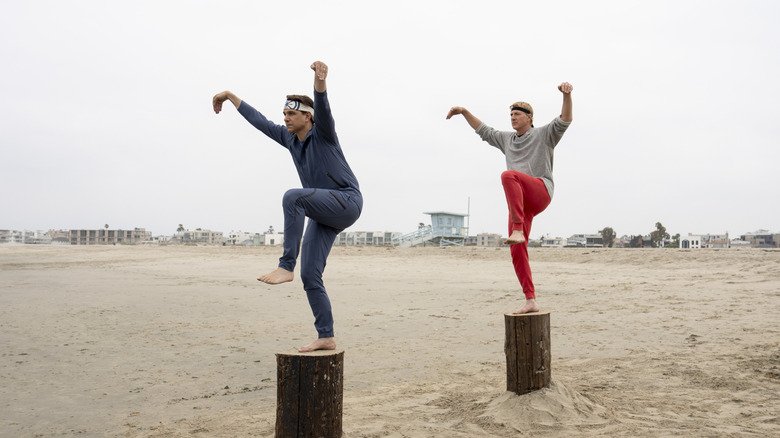 Daniel and Johnny do the crane kick at the beach in Cobra Kai