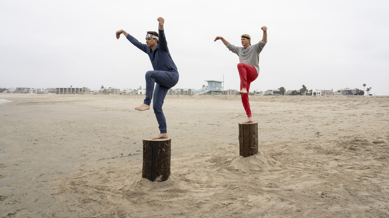 Daniel and Johnny do the crane kick at the beach in Cobra Kai