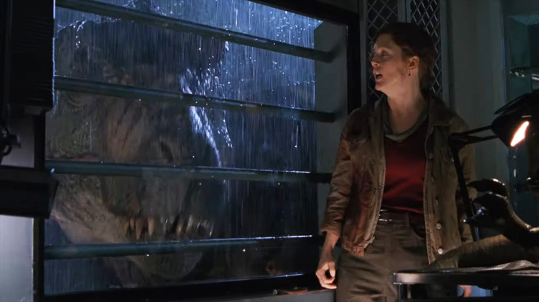 The Lost World t-rex looking in at julianne moore