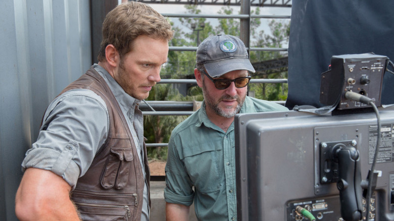 Chris Pratt and Colin Trevorrow on the Jurassic World set