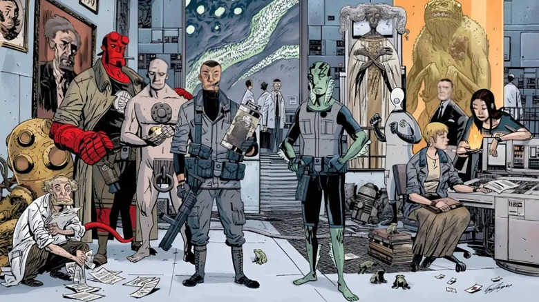 Hellboy and the various other members of the BPRD hanging around their headquarters in the Hellboy comics