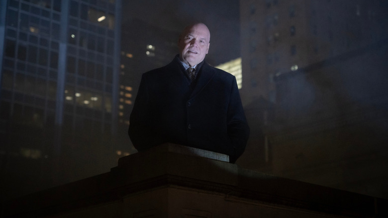 Vincent D'Onofrio as Wilson Fisk standing on a rooftop in New York City in Daredevil: Born Again