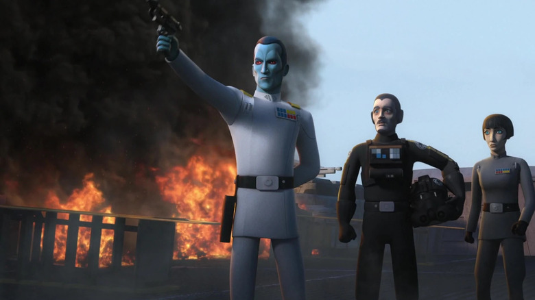 Thrawn shooting at the sky, with two Imperials watching