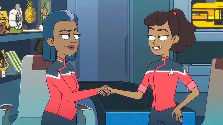Captain Freeman and Ensign Mariner shake hands in "Star Trek: Lower Decks"