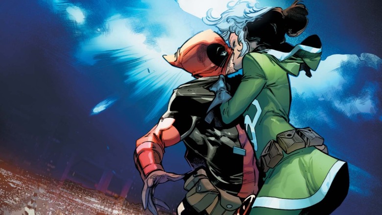 Marvel Comics Uncanny Avengers # 22 Rogue beija Deadpool arte de Pepe Larraz