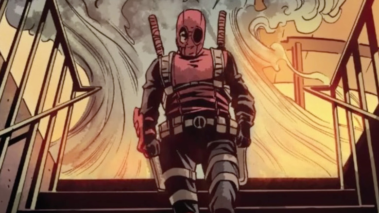 Deadpool walks down stairs in Marvel Comics