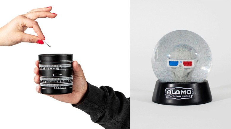 Alamo Drafthouse lens candle and 3D skull snowglobe