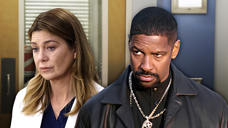 Meredith Grey frowning Denzel Washington from Training Day with hospital background