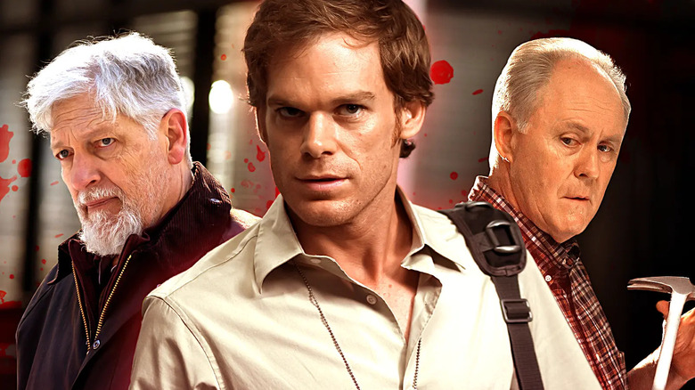 Clancy Brown as Kurt Caldwell, Michael C. Hall as Dexter Morgan, and John Lithgow as Arthur Mitchell from the TV shows Dexter and Dexter: New Blood, edited together over the interior of the miami metro police department and some splatters of blood.