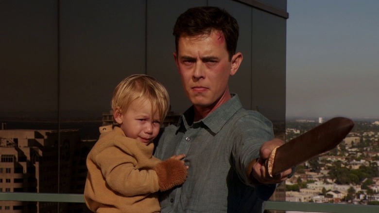 Colin Hanks as Travis Marshall (The Doomsday Killer) holding baby Harrison Morgan hostage with a sword on Dexter