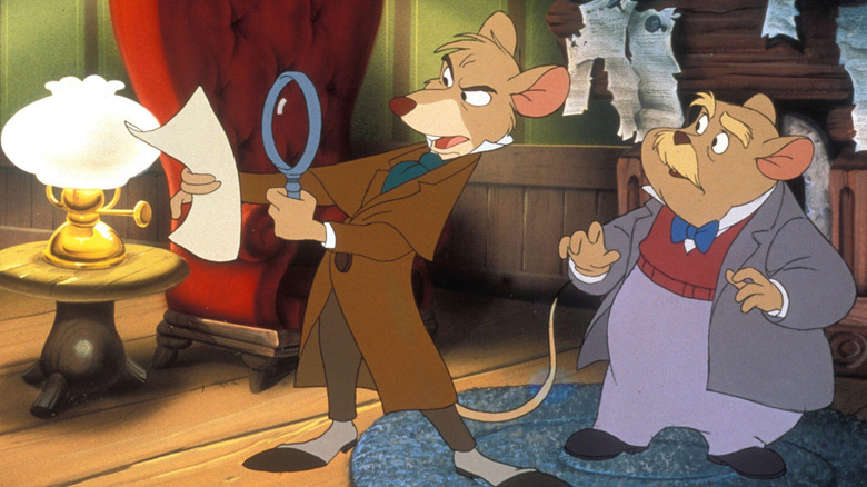 Basil and Dawson doing some detecting with a magnifying glass. Basil is examining a paper while Dawson looks on. From The Great Mouse Detective.