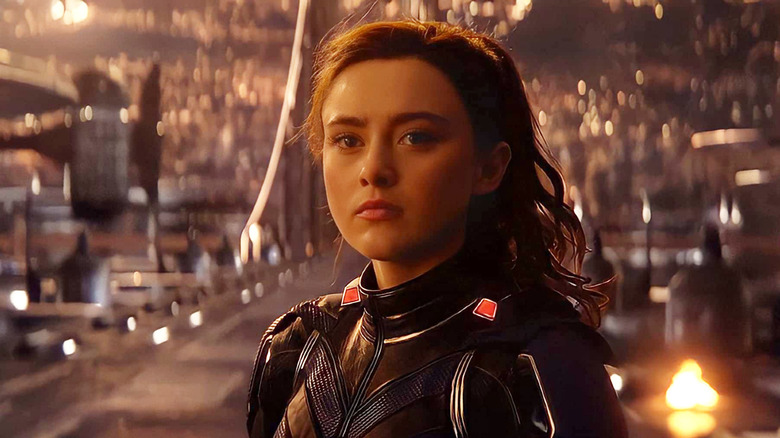 Kathryn Newton as Cassie Lang with a contemplative expression in Ant-Man and the Wasp: Quantumania