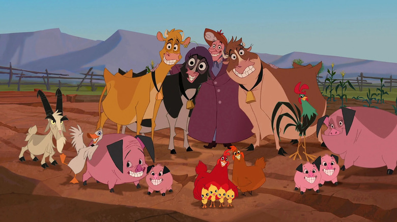 All the barn animals and a farmer from Disney's Home on the Range, all smiling innocently.