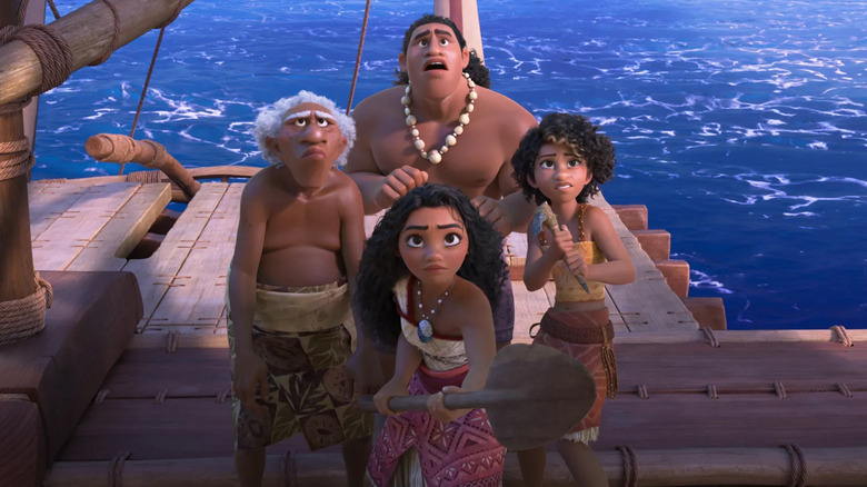 Moana and her crew look worried on the sea in Moana 2