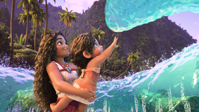 Auli'i Cravalho as Moana and Khaleesi Lambert-Tsuda as Simea making friends with the ocean in Moana 2