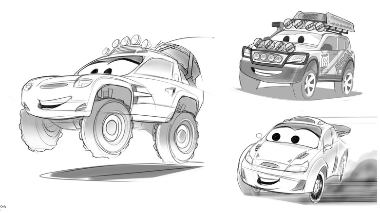 Concept art of the off road vehicles for the new Cars ride at Magic Kingdom